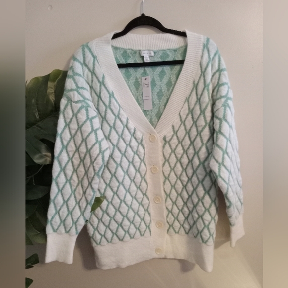 Asos Topshop knitted diamond cardi in ivory and green Size 4-6 - Picture 4 of 13